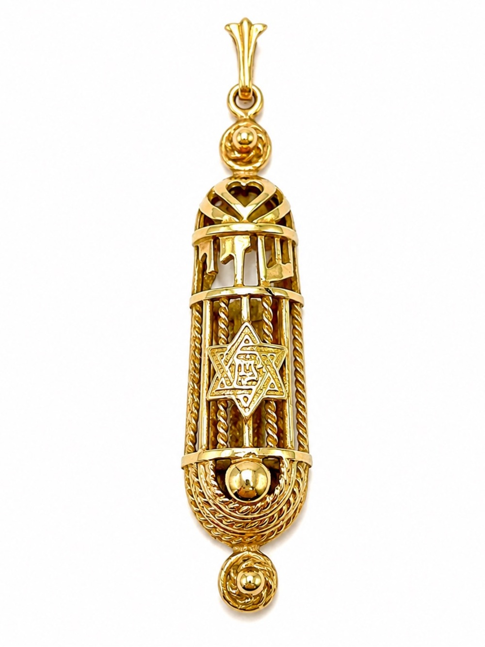 14K Gold Mezuzah Pendant Star of David Shaddai Judaica 2.75” Gift Vintage 3.3g